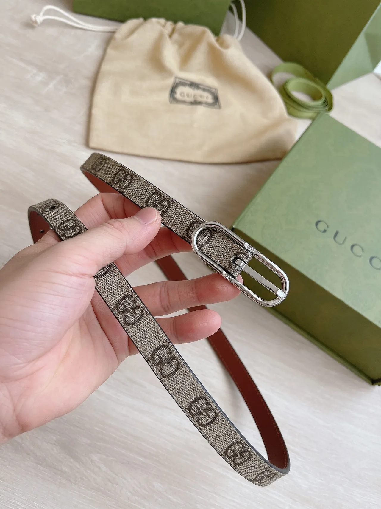 Gucci Ophidia Narrow GG Monogram Beige and Brown Leather Belt 2