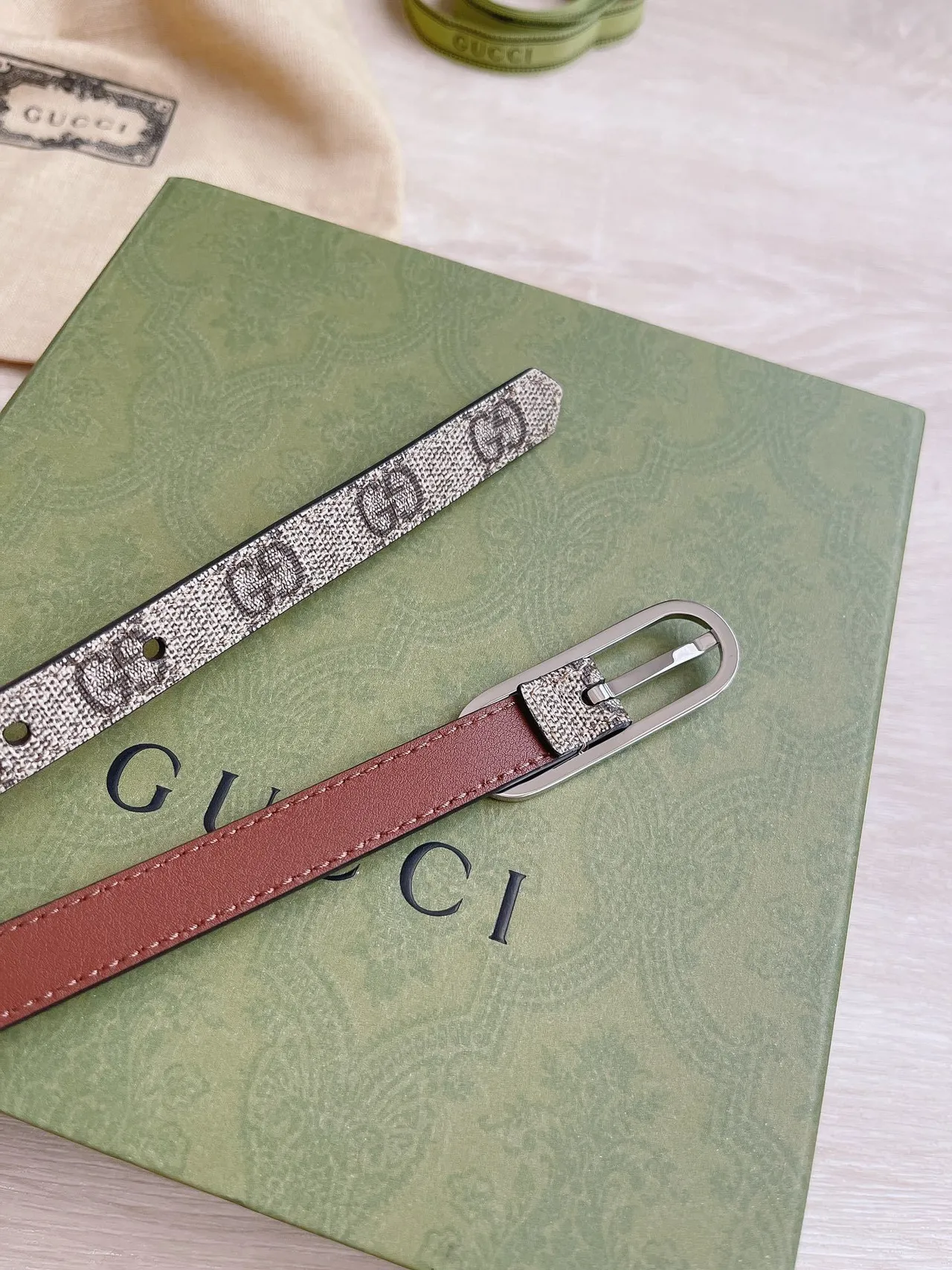 Gucci Ophidia Narrow GG Monogram Beige and Brown Leather Belt 3