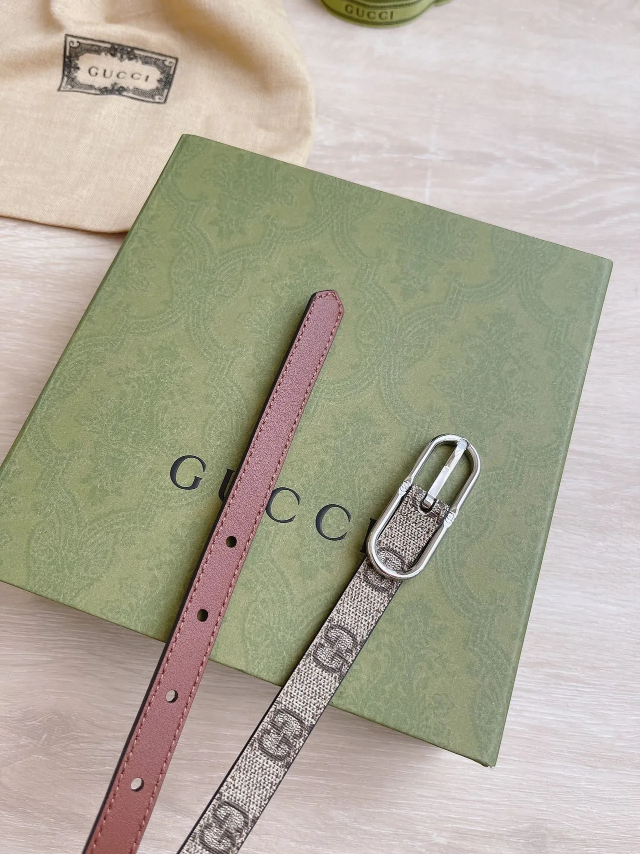 Gucci Ophidia Narrow GG Monogram Beige and Brown Leather Belt 4