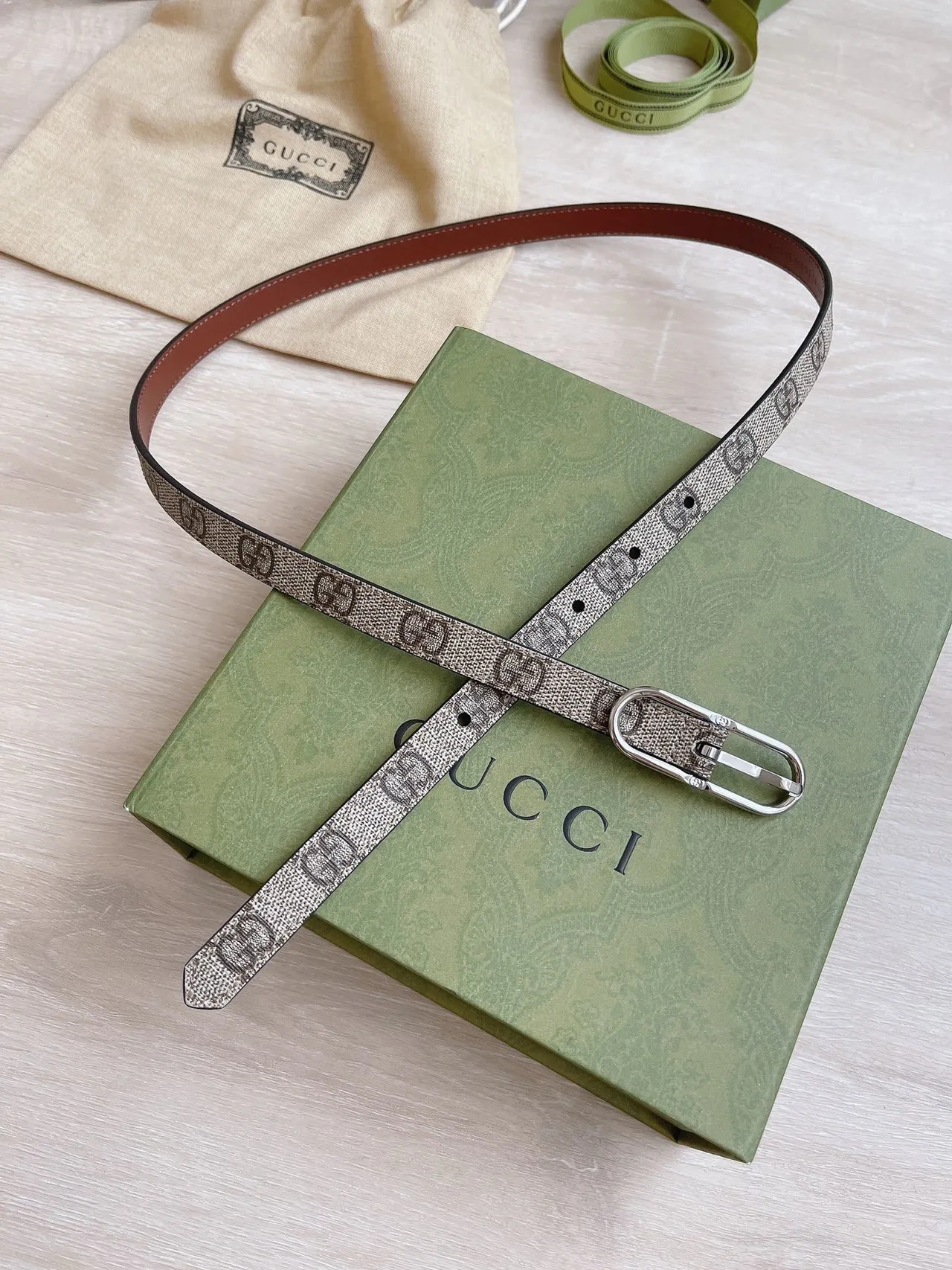 Gucci Ophidia Narrow GG Monogram Beige and Brown Leather Belt 5
