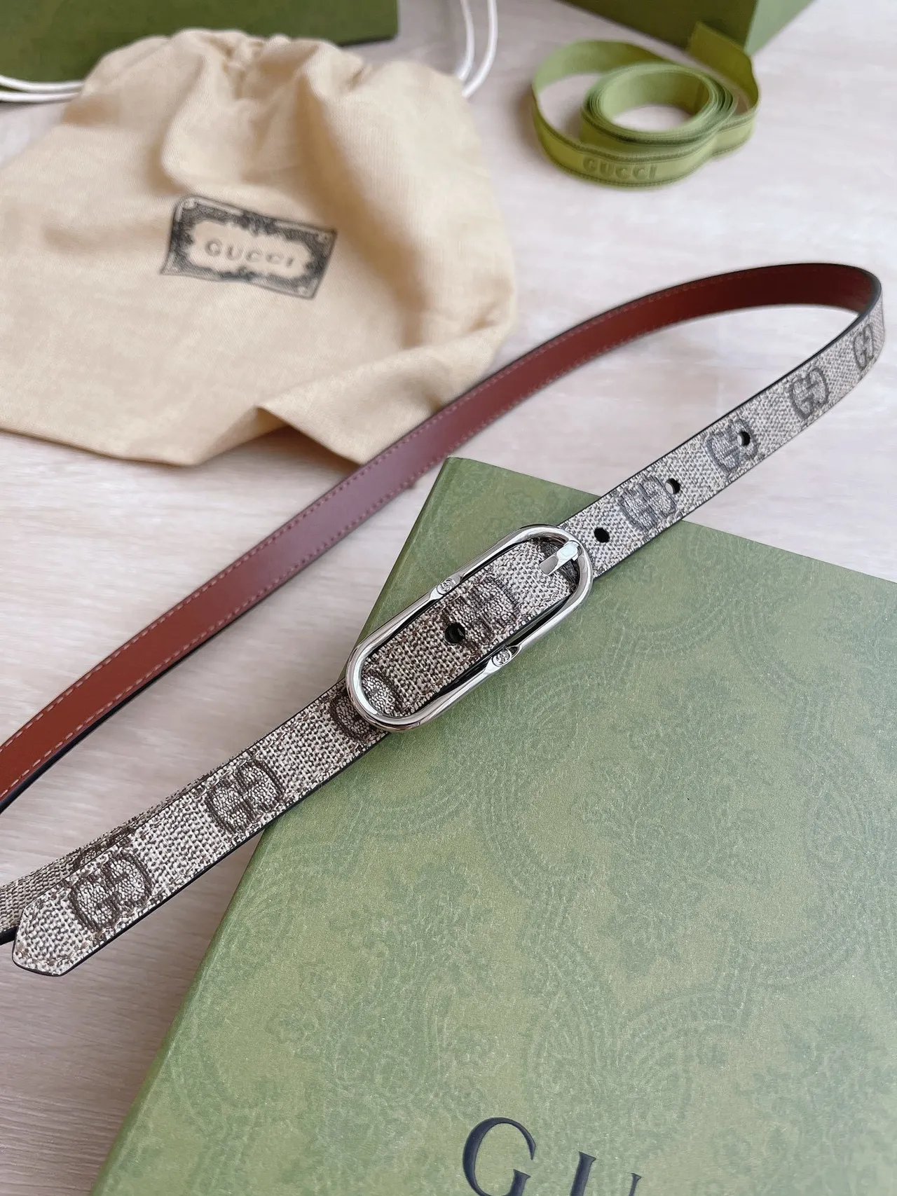 Gucci Ophidia Narrow GG Monogram Beige and Brown Leather Belt 6