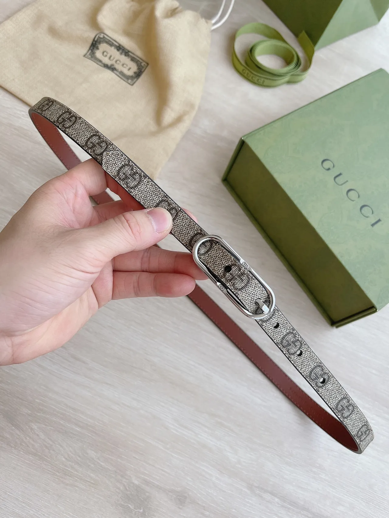 Gucci Ophidia Narrow GG Monogram Beige and Brown Leather Belt 7