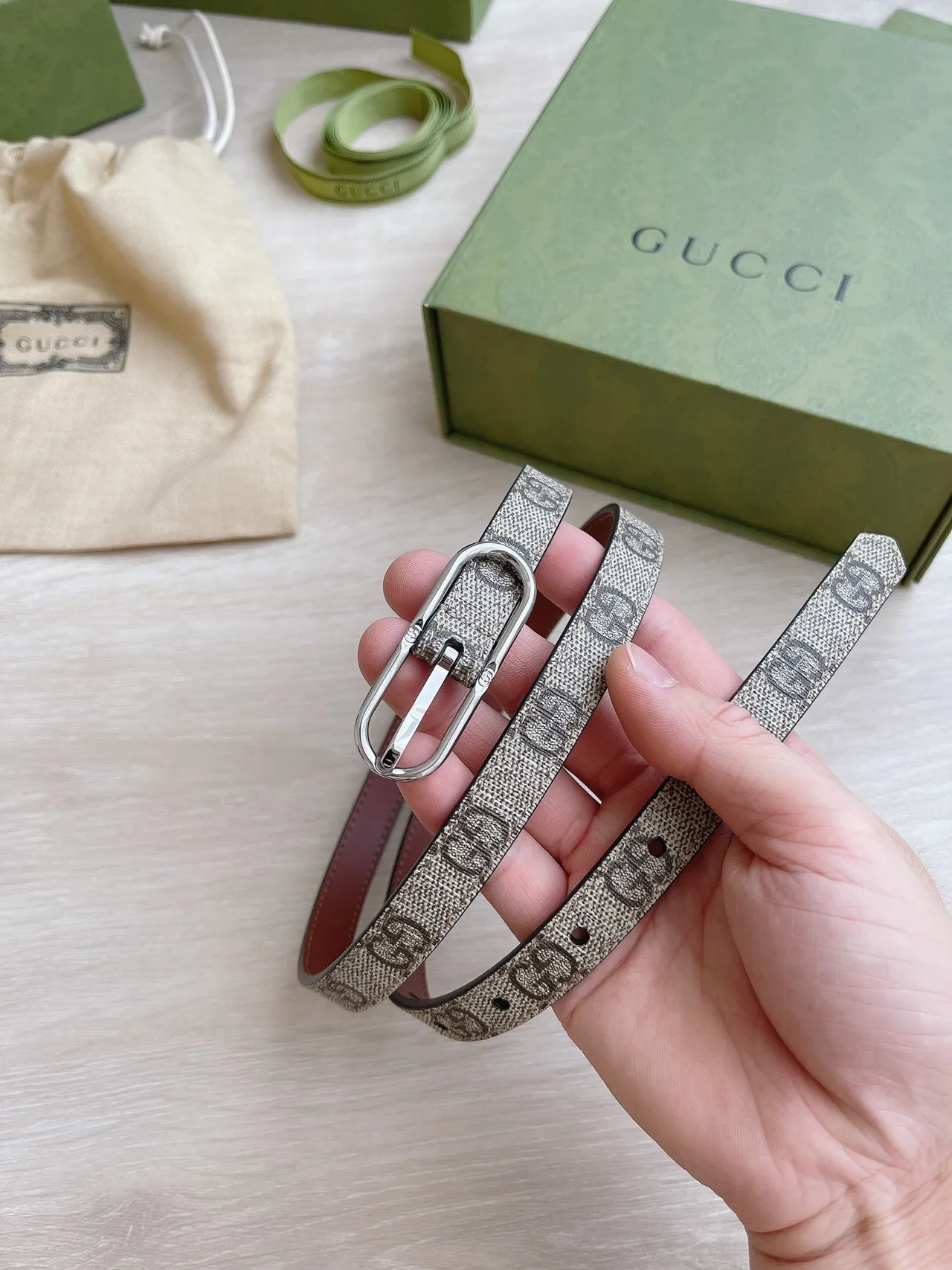 Gucci Ophidia Narrow GG Monogram Beige and Brown Leather Belt 8