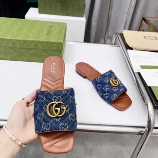 Gucci Ophidia Quilted Denim GG Monogram Blue and Tan Leather Slippers