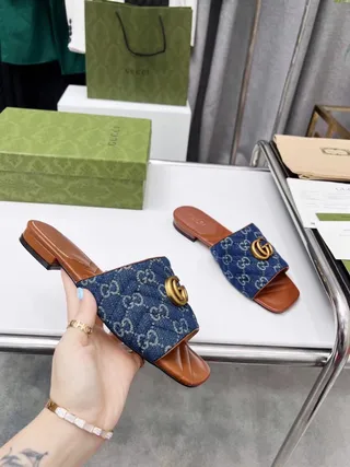 Gucci Ophidia Quilted Denim GG Monogram Blue and Tan Leather Slippers 2