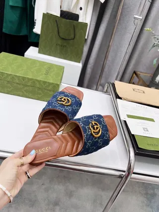 Gucci Ophidia Quilted Denim GG Monogram Blue and Tan Leather Slippers 3
