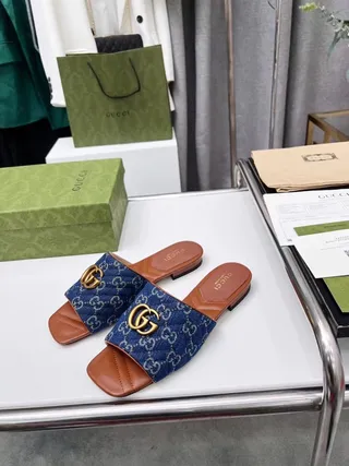 Gucci Ophidia Quilted Denim GG Monogram Blue and Tan Leather Slippers 4