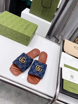 Gucci Ophidia Quilted Denim GG Monogram Blue and Tan Leather Slippers 5