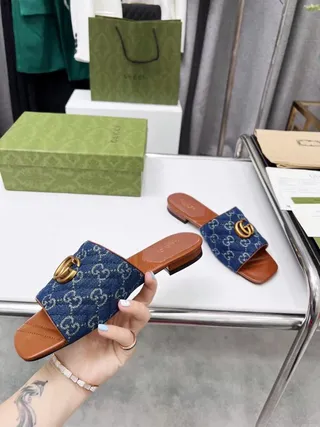 Gucci Ophidia Quilted Denim GG Monogram Blue and Tan Leather Slippers 7