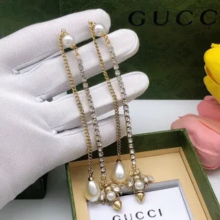 Gucci Pearl and Crystal Bee Motif Chain Drop Earrings