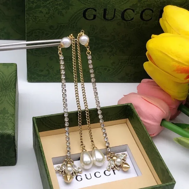 Gucci Pearl and Crystal Bee Motif Chain Drop Earrings 2