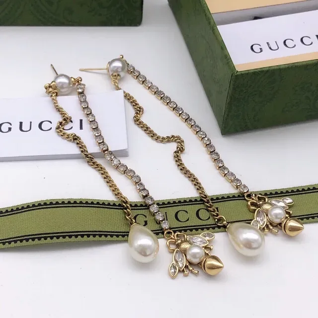 Gucci Pearl and Crystal Bee Motif Chain Drop Earrings 5