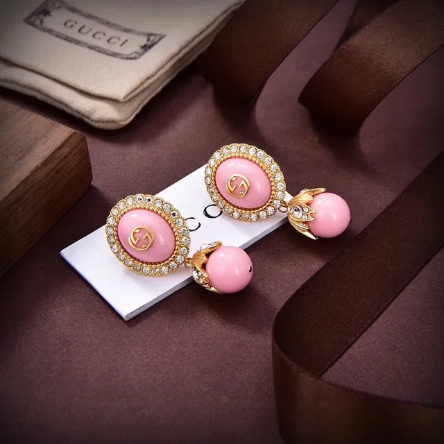 Gucci Pink Enamel Crystal-Bordered Double G Earrings 2