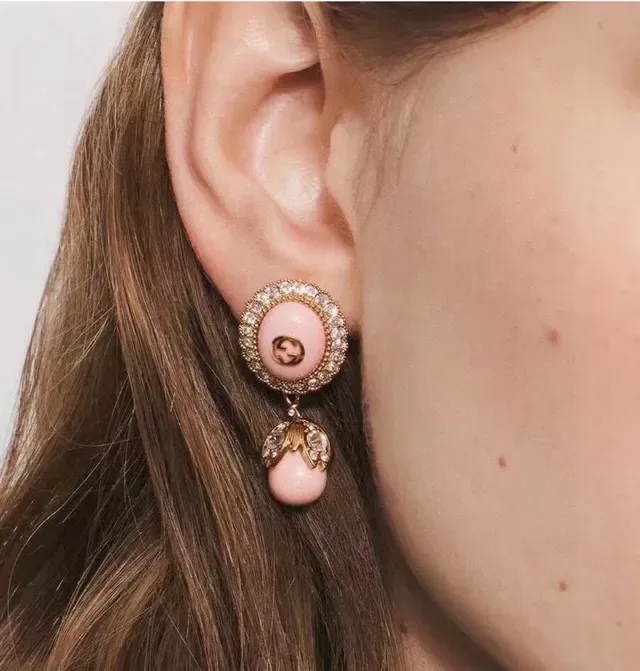 Gucci Pink Enamel Crystal-Bordered Double G Earrings 5