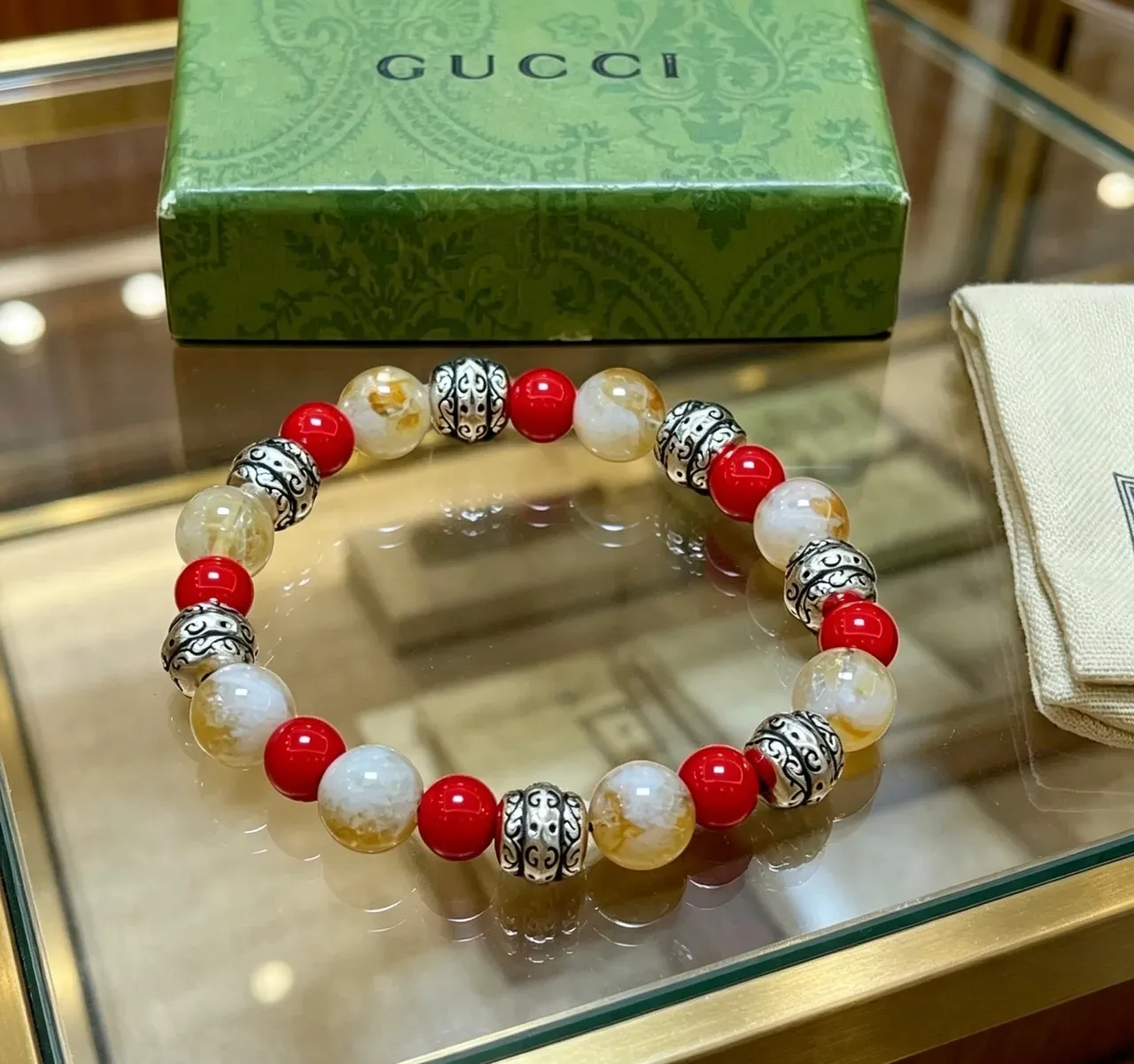 Gucci Red Beige Beaded Multi-Stone Bracelet 2