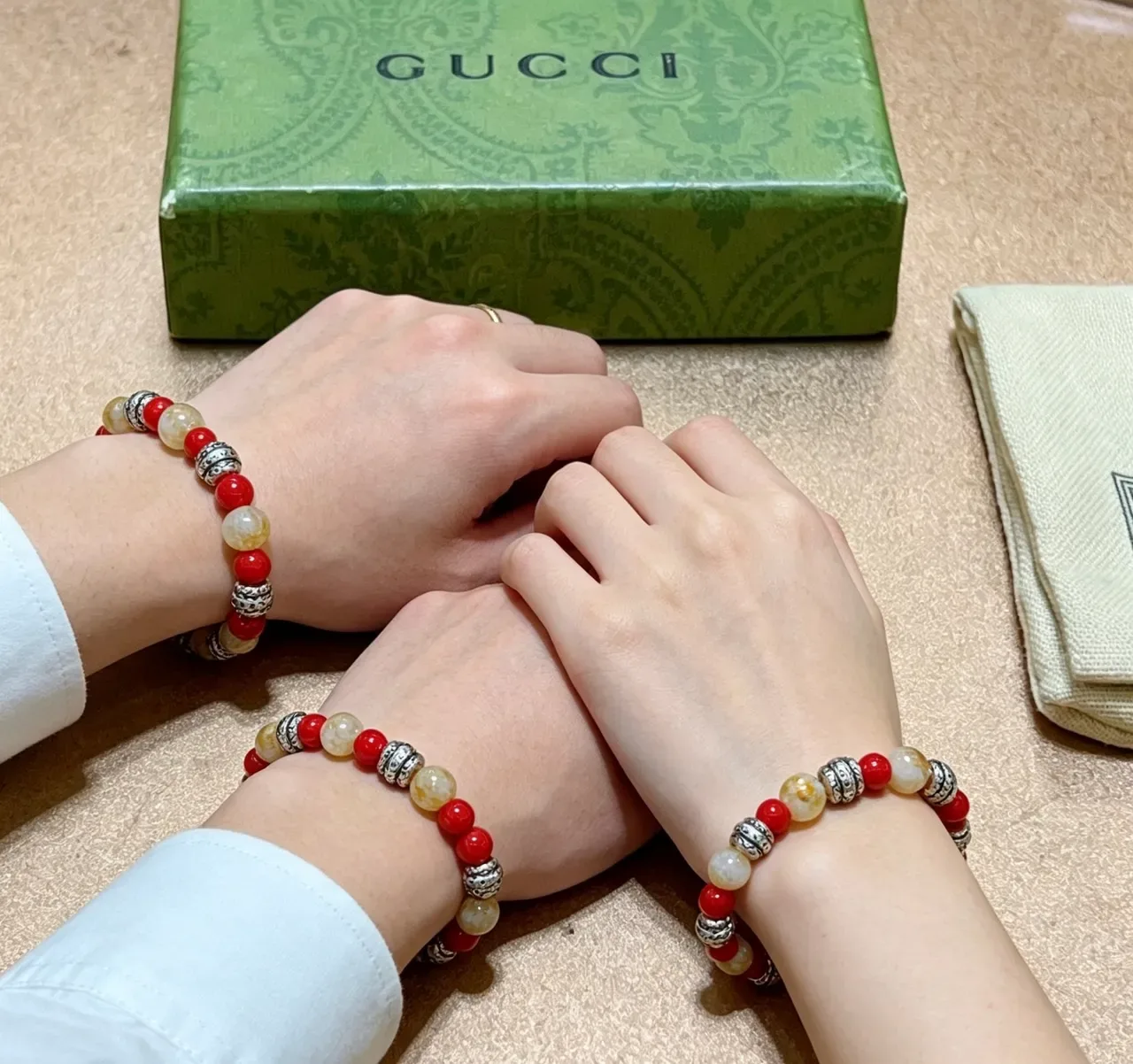 Gucci Red Beige Beaded Multi-Stone Bracelet 3
