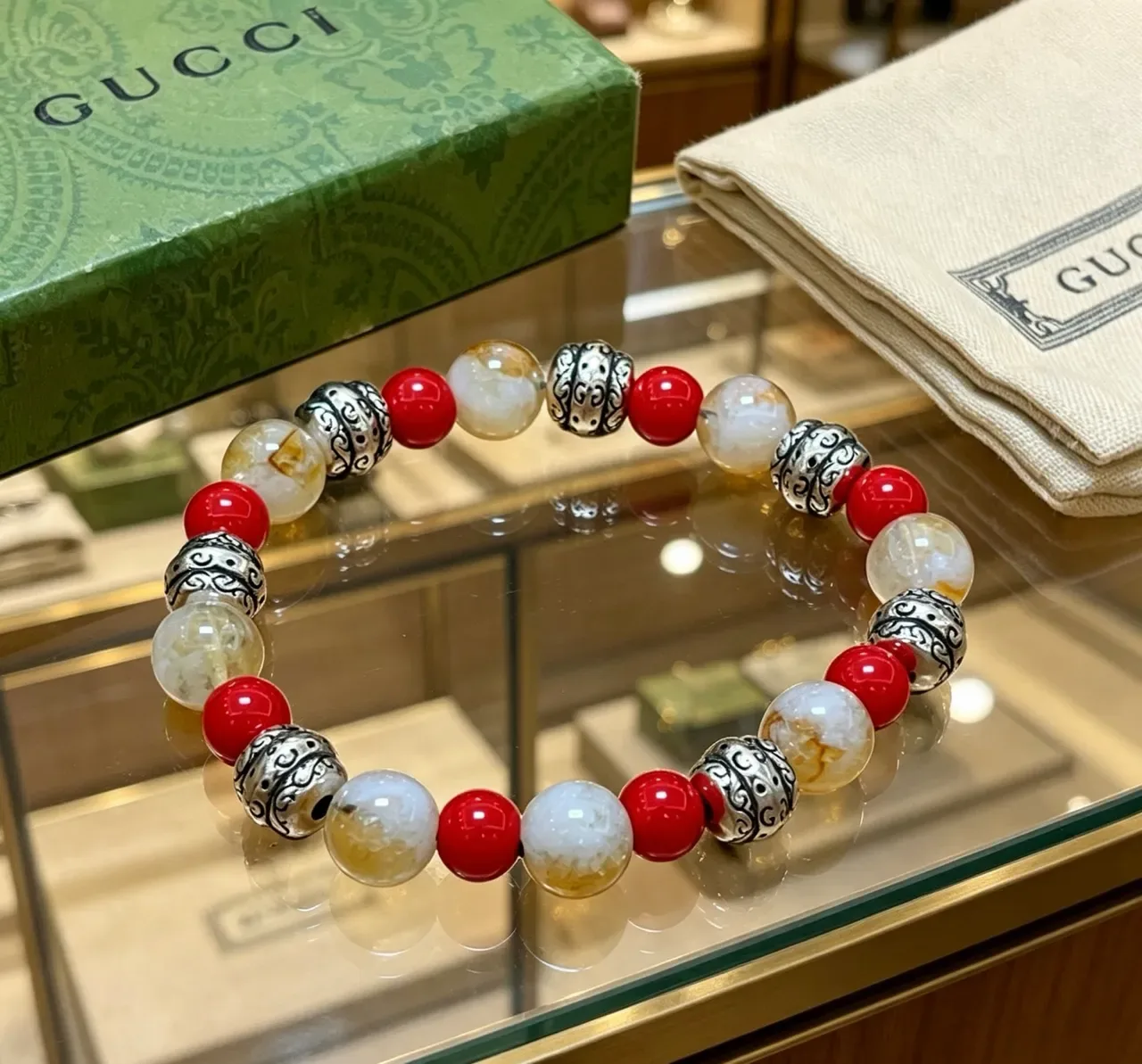 Gucci Red Beige Beaded Multi-Stone Bracelet 6