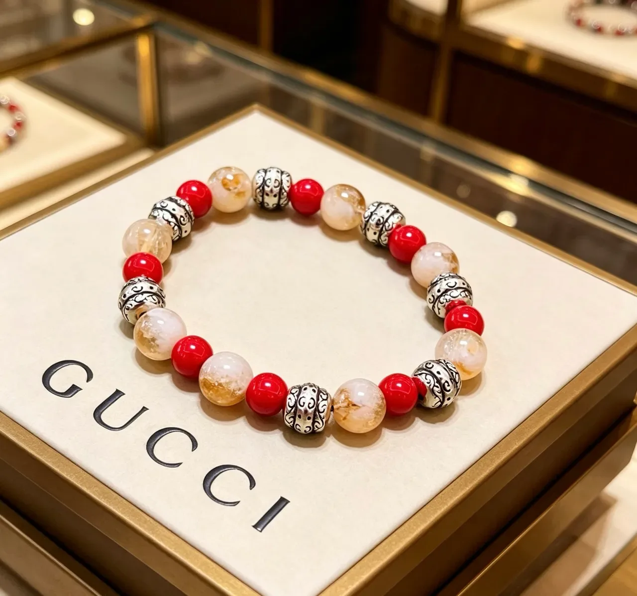 Gucci Red Beige Beaded Multi-Stone Bracelet 7