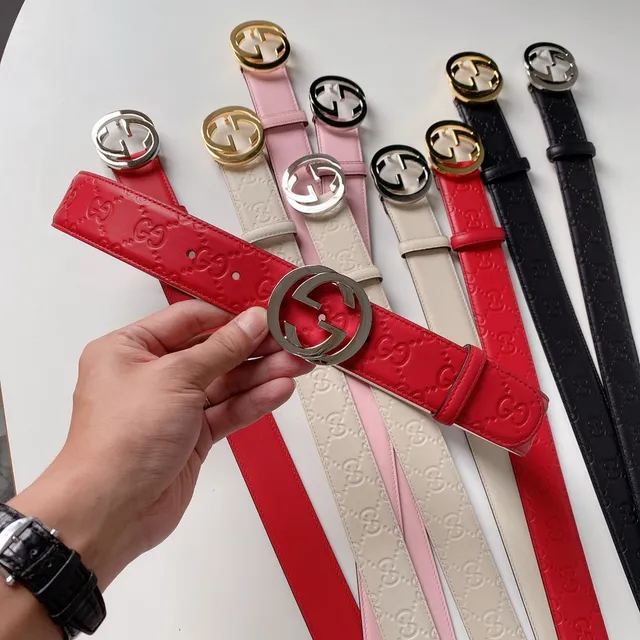 Gucci Red Silver Embossed GG Monogram Double G Interlocking Buckle Leather Belt 2