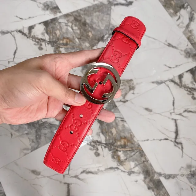 Gucci Red Silver Embossed GG Monogram Double G Interlocking Buckle Leather Belt 3