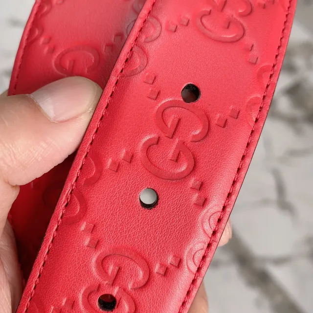 Gucci Red Silver Embossed GG Monogram Double G Interlocking Buckle Leather Belt 6