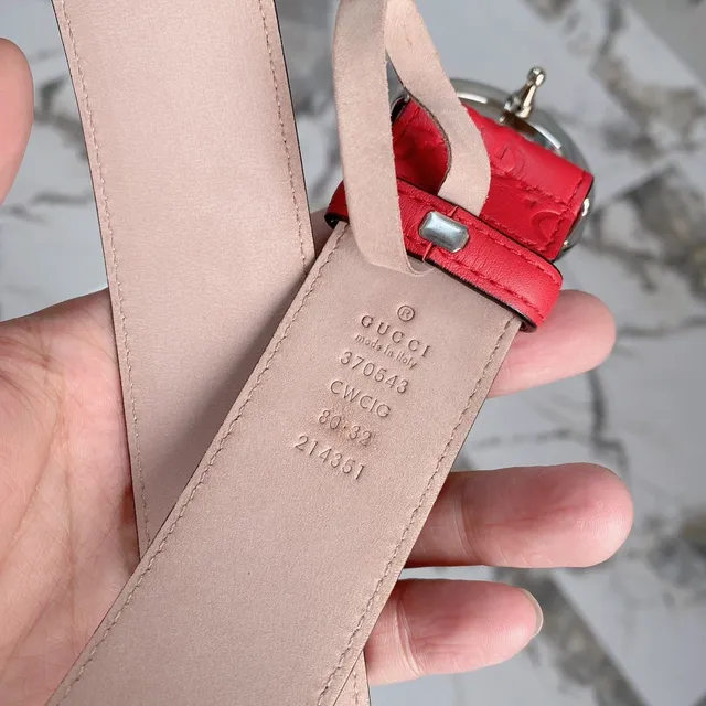 Gucci Red Silver Embossed GG Monogram Double G Interlocking Buckle Leather Belt 7