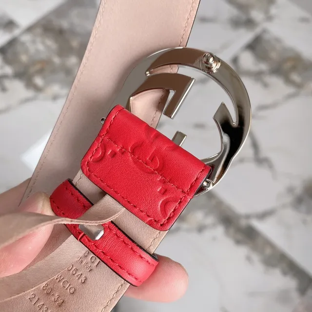 Gucci Red Silver Embossed GG Monogram Double G Interlocking Buckle Leather Belt 8