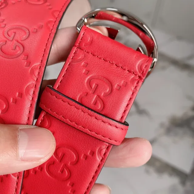 Gucci Red Silver Embossed GG Monogram Double G Interlocking Buckle Leather Belt 9
