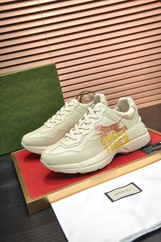 Gucci Rhyton Tiger Cream Leather Chunky Sneakers 3
