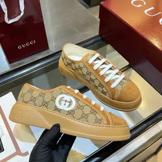 Gucci Screener Beige Brown GG Monogram Canvas White Interlocking G Logo Lifestyle Sneakers