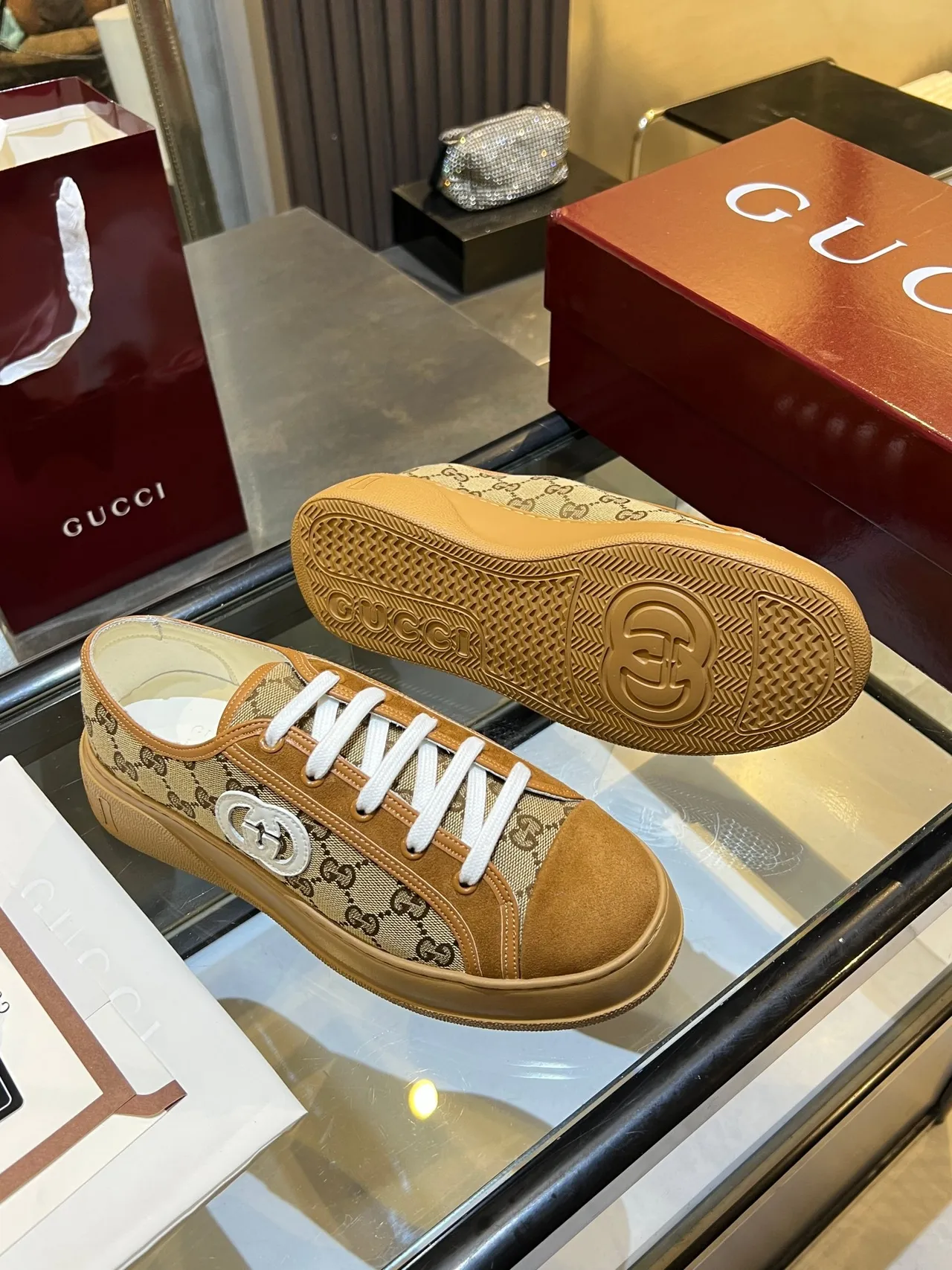 Gucci Screener Beige Brown GG Monogram Canvas White Interlocking G Logo Lifestyle Sneakers 2