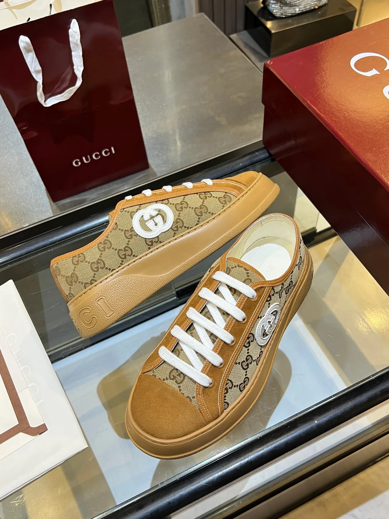 Gucci Screener Beige Brown GG Monogram Canvas White Interlocking G Logo Lifestyle Sneakers 3