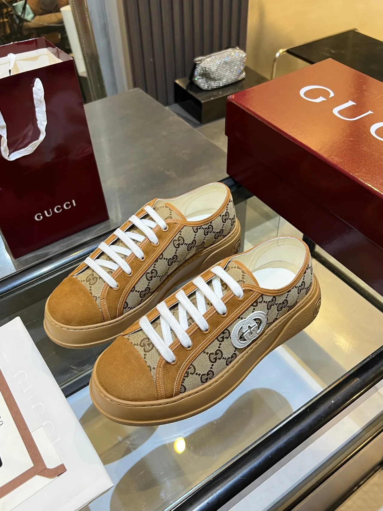 Gucci Screener Beige Brown GG Monogram Canvas White Interlocking G Logo Lifestyle Sneakers 4