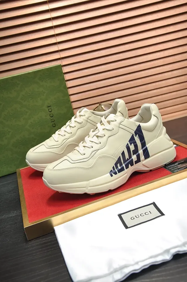 Gucci Screener Beige Navy Oversized Sole Leather Upper Chunky Sneakers 3