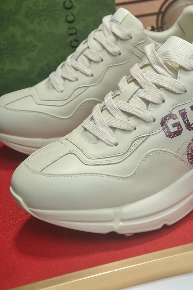 Gucci Screener Beige Red Sole Textured Leather Upper Chunky Sneakers 3