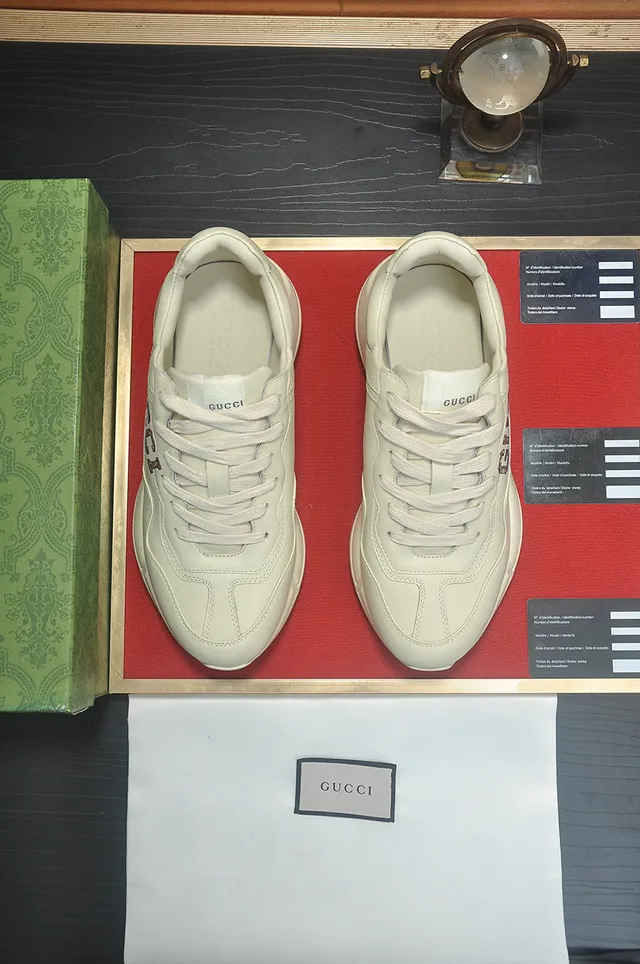 Gucci Screener Beige Red Sole Textured Leather Upper Chunky Sneakers 5