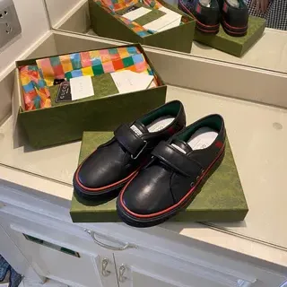 Gucci Screener Black Red Leather Hook-and-Loop Strap Loafer