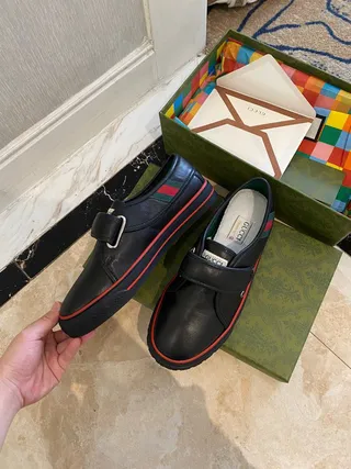 Gucci Screener Black Red Leather Hook-and-Loop Strap Loafer 3
