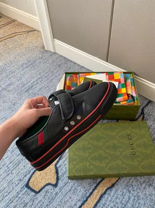 Gucci Screener Black Red Leather Hook-and-Loop Strap Loafer 8