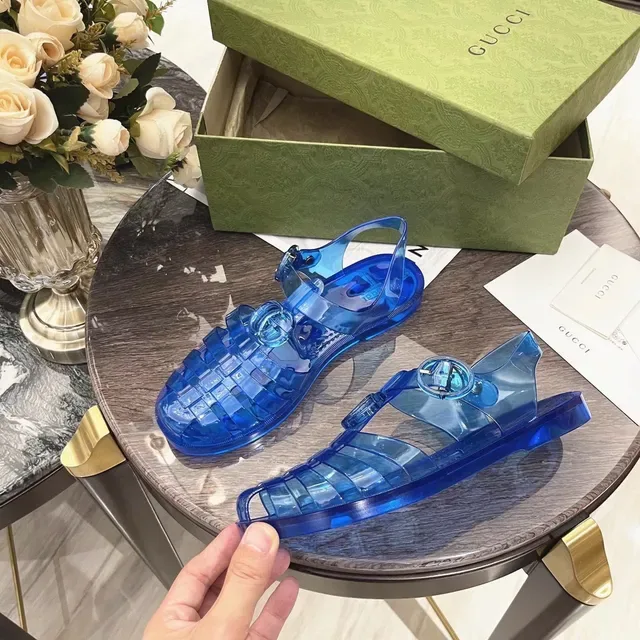 Gucci Screener Sandales Casuales Bleues Transparents Jelly Grid-Weave Upper 3