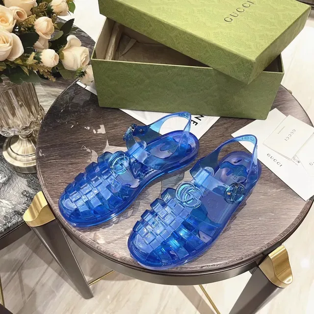 Gucci Screener Sandales Casuales Bleues Transparents Jelly Grid-Weave Upper 4