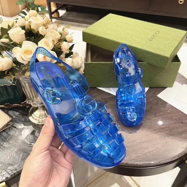 Gucci Screener Sandales Casuales Bleues Transparents Jelly Grid-Weave Upper 5