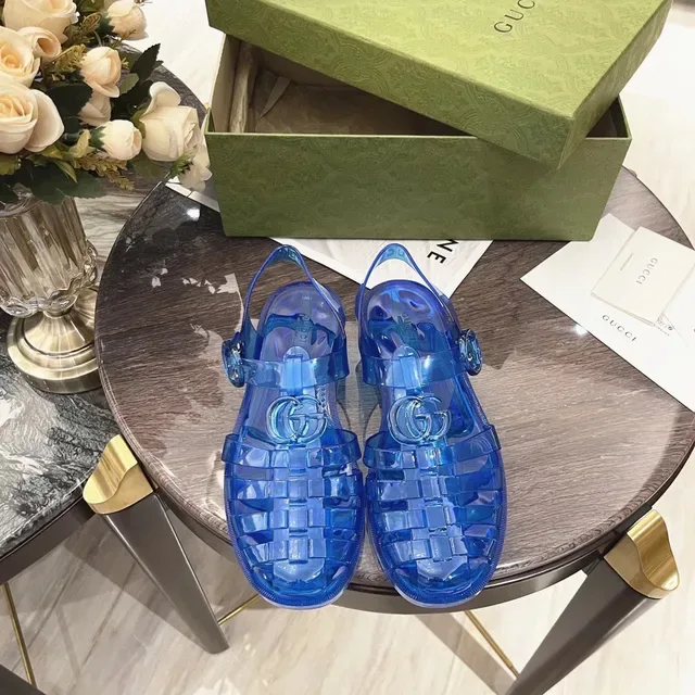 Gucci Screener Sandales Casuales Bleues Transparents Jelly Grid-Weave Upper 6