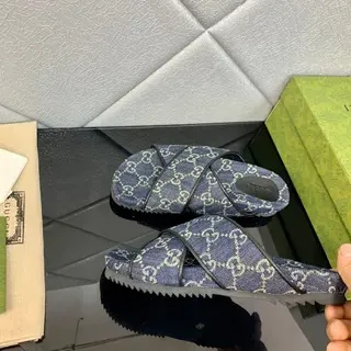 Gucci Screener Denim Blue Interlocking GG Monogram Slippers