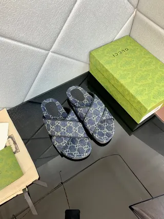 Gucci Screener Denim Blue Interlocking GG Monogram Slippers 8