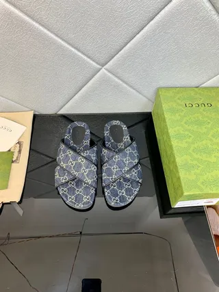 Gucci Screener Denim Blue Interlocking GG Monogram Slippers 9