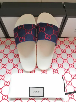 Gucci Screener Navy and Red GG Monogram Slippers 2