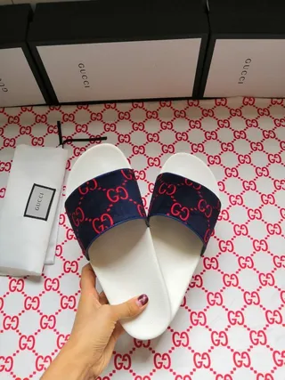 Gucci Screener Navy and Red GG Monogram Slippers 3