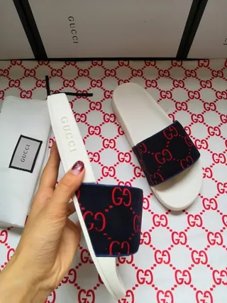 Gucci Screener Navy and Red GG Monogram Slippers 4