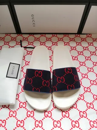Gucci Screener Navy and Red GG Monogram Slippers 5
